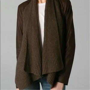 Vince Revolve Brown Leather Yak Wool Knit Draped Waterfall Open Front Jacket